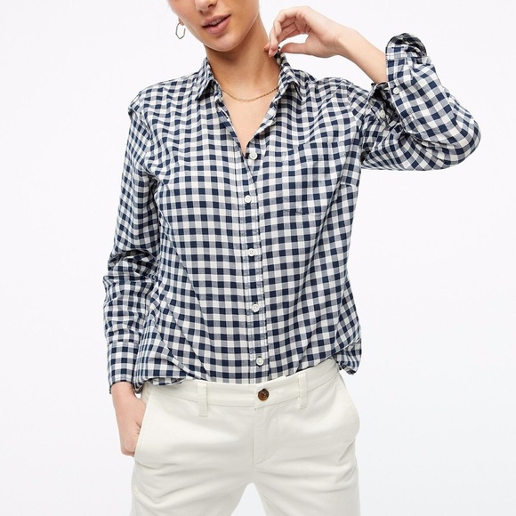 J.Crew Gingham Button-Down Shirt SP Navy White 100% Cotton Casual Preppy - Picture 1 of 5